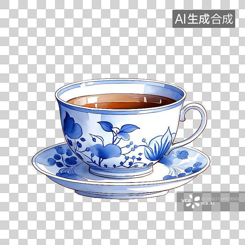 【AI数字艺术】国风手绘插画，一杯茶，红茶，乌龙茶，春茶，茶叶，茶道，茶文化免抠元素图片素材