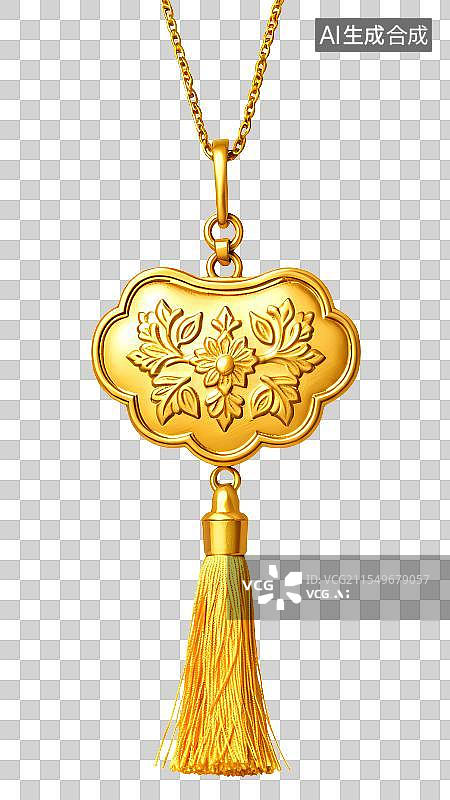 【AI数字艺术】国风手绘插画，古风黄金饰品，长命锁，如意锁，宝宝锁，流苏挂件装饰免抠元素图片素材