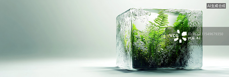 【AI数字艺术】冰块里有植物叶子夏日冷饮冰块封存的发光雨林叶片渗出荧光能量液滴空灵的灰白渐变背景图片素材