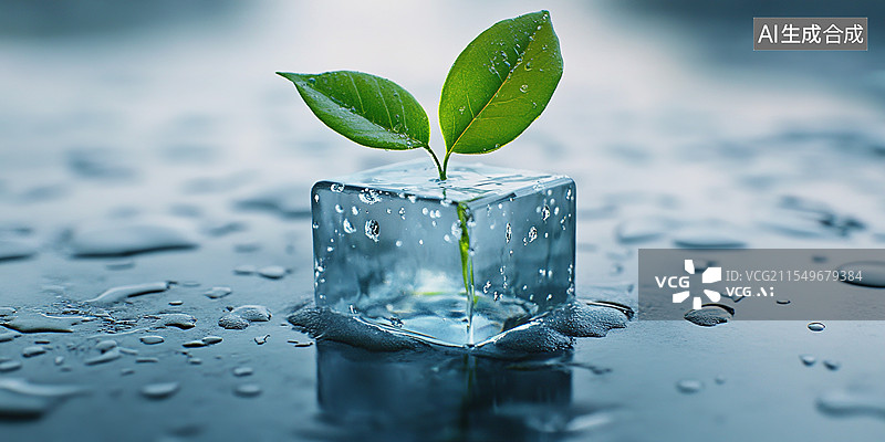 【AI数字艺术】冰块里有植物叶子夏日冷饮冰块封存的发光雨林叶片渗出荧光能量液滴空灵的灰白渐变背景图片素材