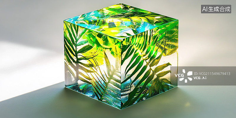 【AI数字艺术】冰块里有植物叶子夏日冷饮冰块封存的发光雨林叶片渗出荧光能量液滴空灵的灰白渐变背景图片素材