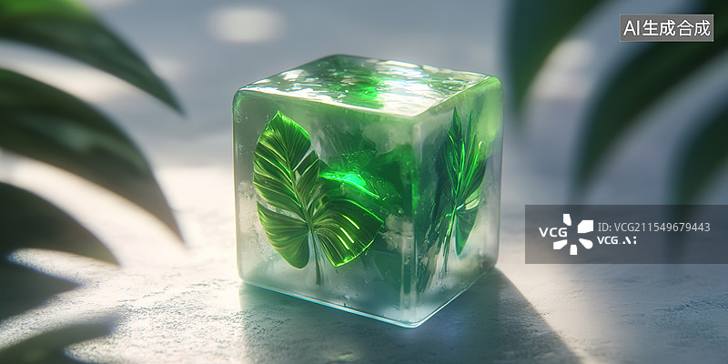【AI数字艺术】冰块里有植物叶子夏日冷饮冰块封存的发光雨林叶片渗出荧光能量液滴空灵的灰白渐变背景图片素材
