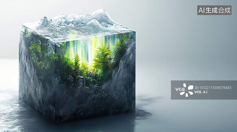 【AI数字艺术】冰块里有植物叶子夏日冷饮冰块封存的发光雨林叶片渗出荧光能量液滴空灵的灰白渐变背景图片素材
