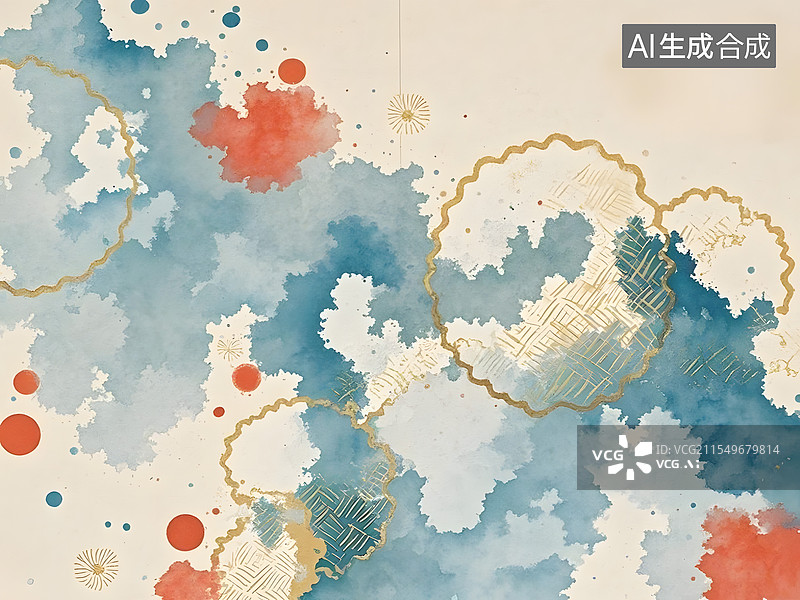 【AI数字艺术】黛青/月白/赭石色水墨泼溅，保留纸张纤维质感，金色细线勾勒抽象山水轮廓图片素材