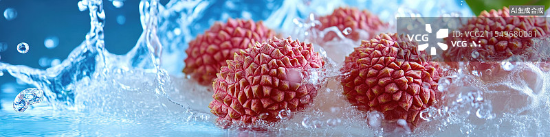 【AI数字艺术】清爽夏日饮料飞溅新鲜季节水果系列荔枝玫瑰口味维生素冷饮料促销产品包装海报蓝色背景图片素材