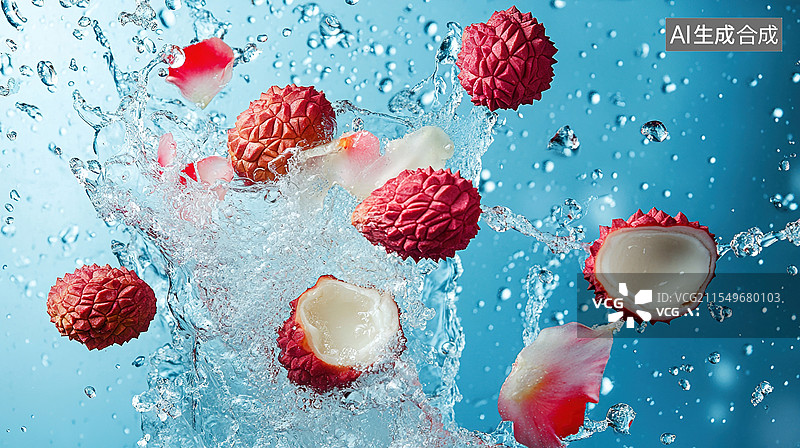 【AI数字艺术】清爽夏日饮料飞溅新鲜季节水果系列荔枝玫瑰口味维生素冷饮料促销产品包装海报蓝色背景图片素材