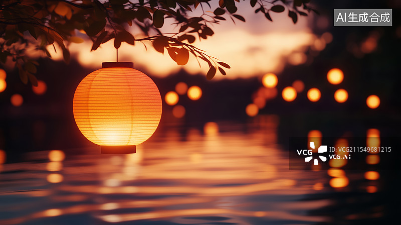 【AI数字艺术】水上灯笼的温暖光影图片素材