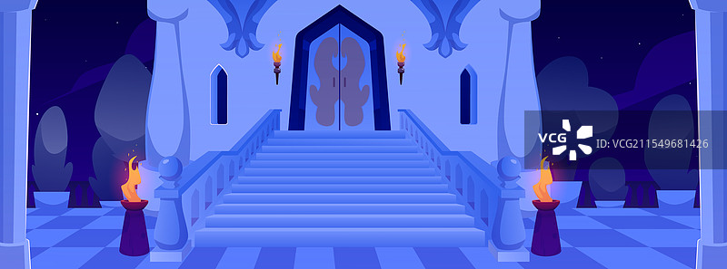 卡通宫殿入口，带有柱子和火焰图片素材