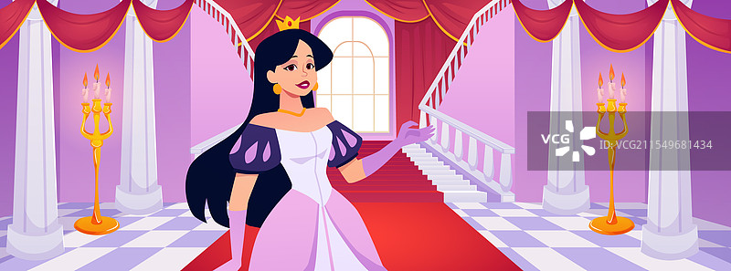 身穿金色王冠的公主在中世纪的场景中发出邀请图片素材