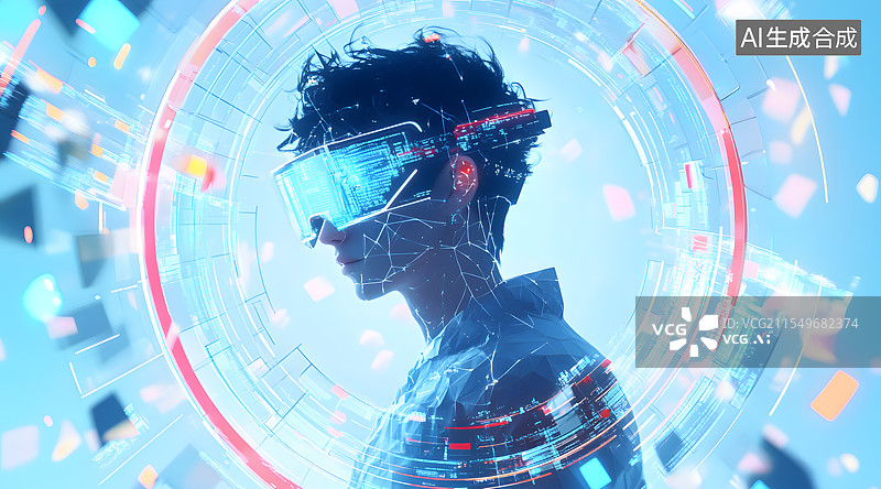 【AI数字艺术】戴着VR眼镜沉浸在虚拟现实中的人卡通概念插画扁平化圆环中心放射构图图片素材