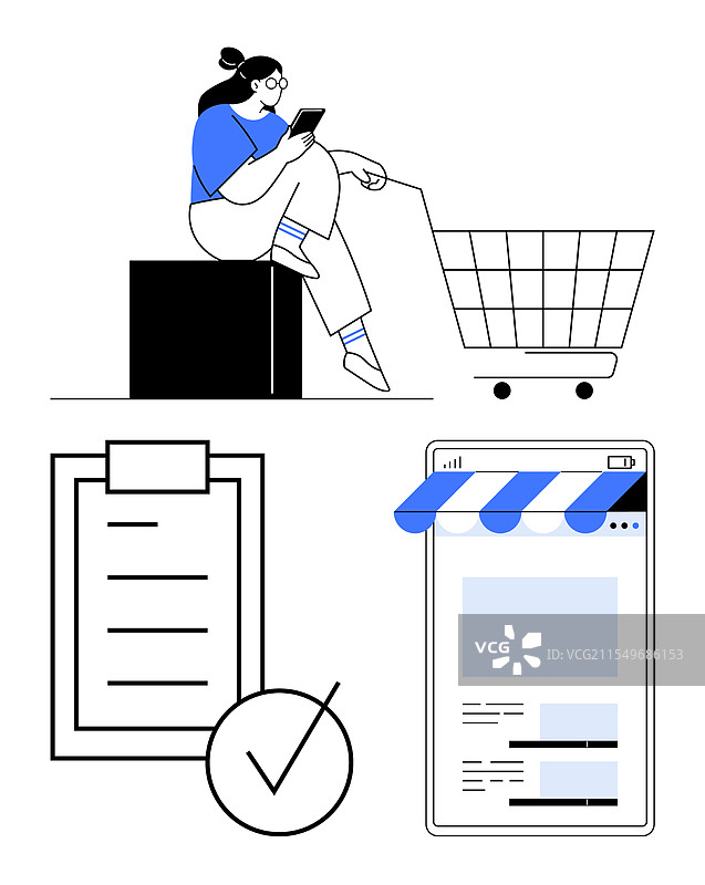 女性在网上购物，手里拿着购物清单和购物车图片素材