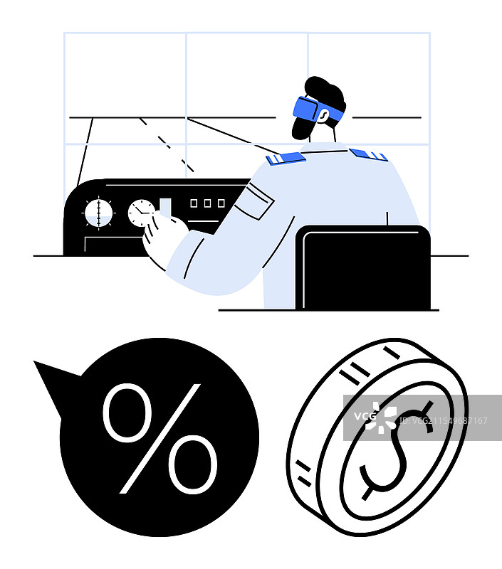 飞行员操作飞机仪表盘，显示百分比图片素材