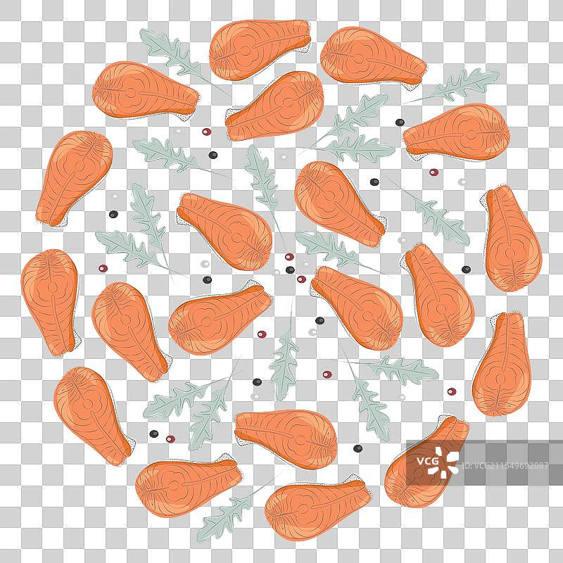 三文鱼排、芝麻菜叶和各种配料图片素材