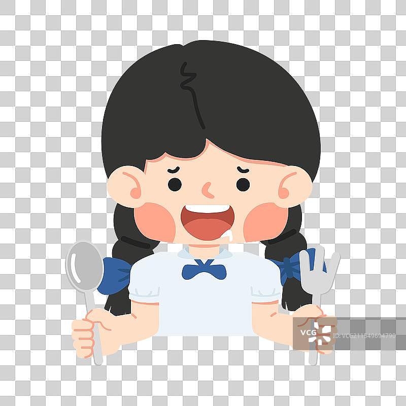饥饿的小女孩手里拿着叉子和勺子图片素材