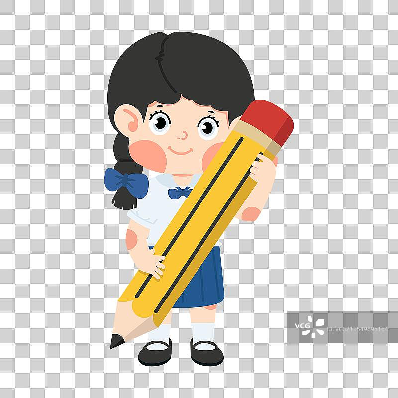 拿着大铅笔的卡通女孩图片素材