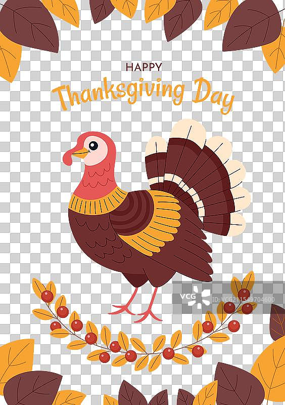 感恩节贺卡，上面有可爱的火鸡和秋天的元素图片素材