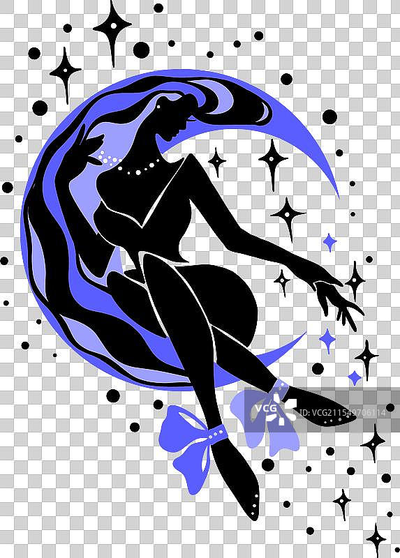 新艺术风格女性的图形剪影与月亮图片素材