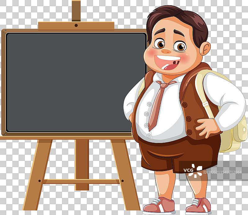 快乐的卡通学生站在黑板旁边图片素材