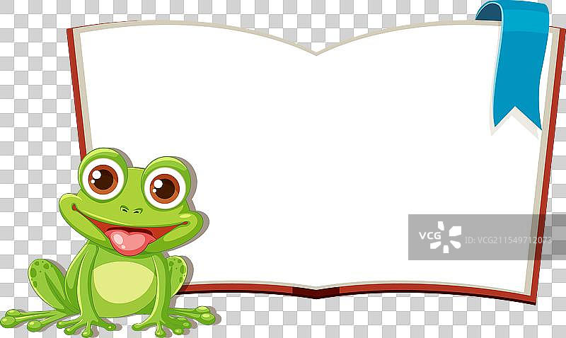 卡通青蛙坐在一本空白的打开书旁边图片素材