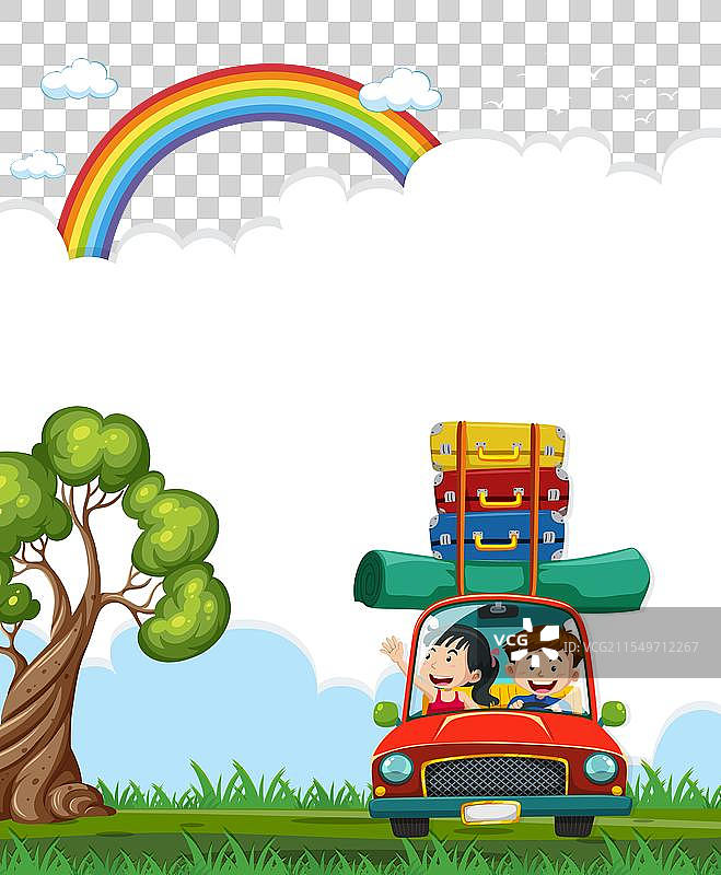 卡通家庭在大自然中驾驶穿过彩虹图片素材