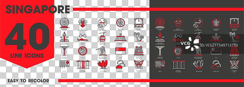 新加坡旅游地标和度假线条图标图片素材