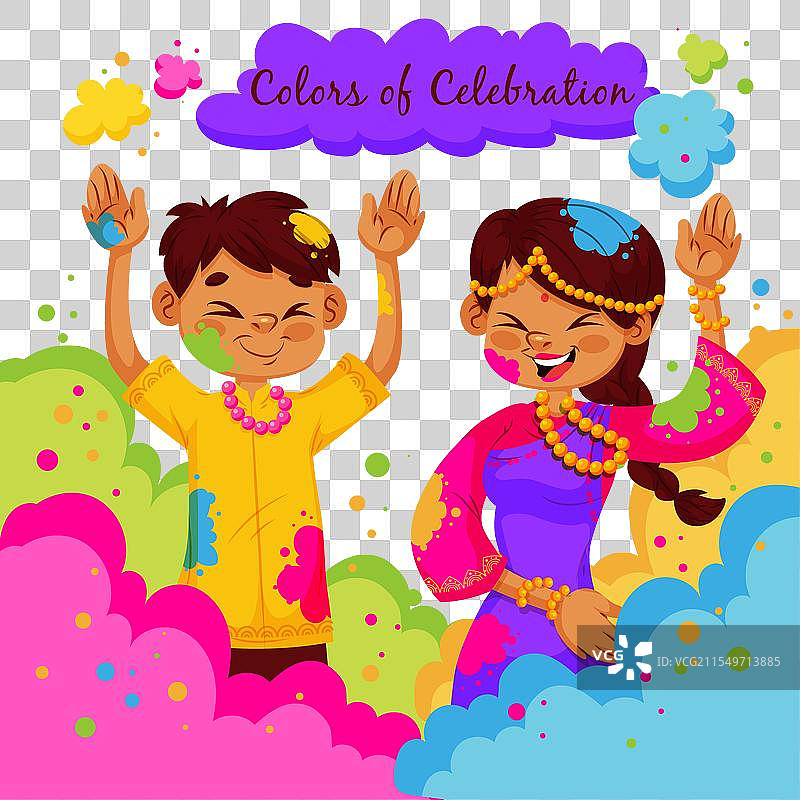 快乐的霍利节，五彩缤纷的罐子和粉末插图图片素材