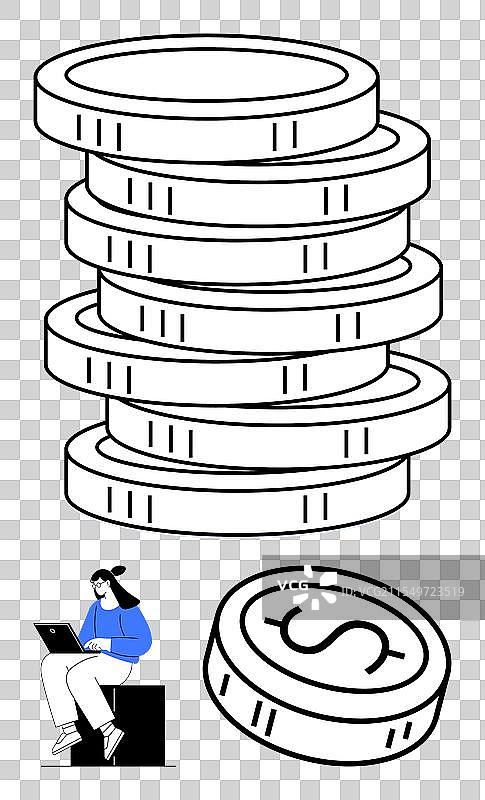 女人在一堆硬币旁边使用笔记本电脑工作图片素材