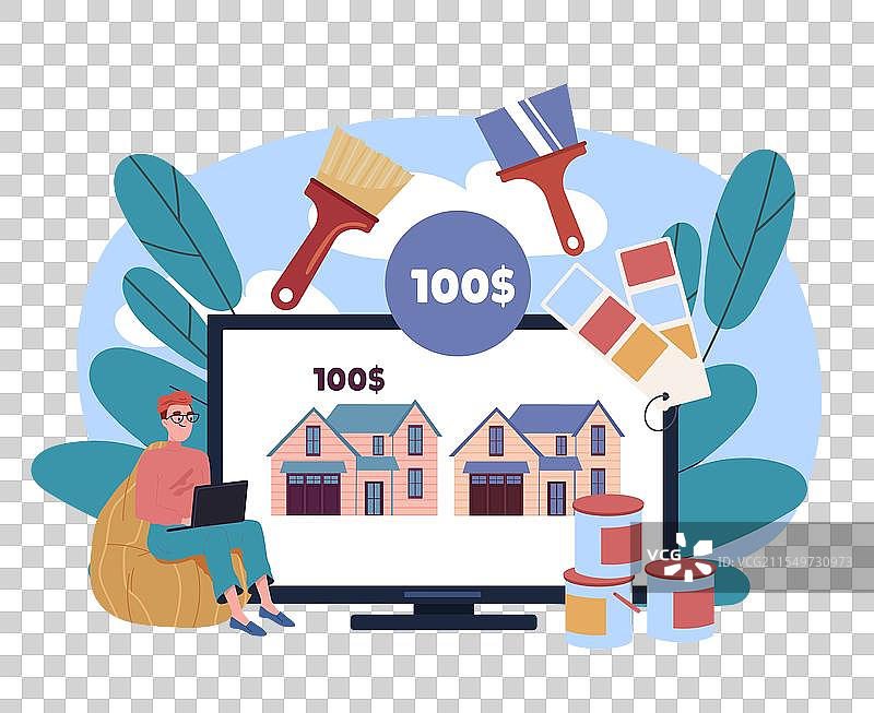 在线家居改造，男子使用笔记本电脑进行选择图片素材