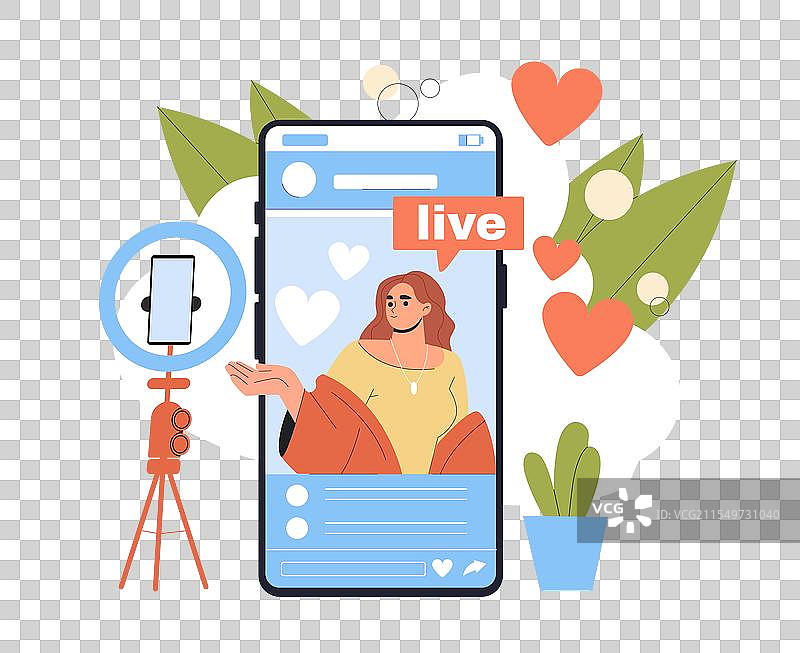 年轻女孩在智能手机上进行直播的女性图片素材