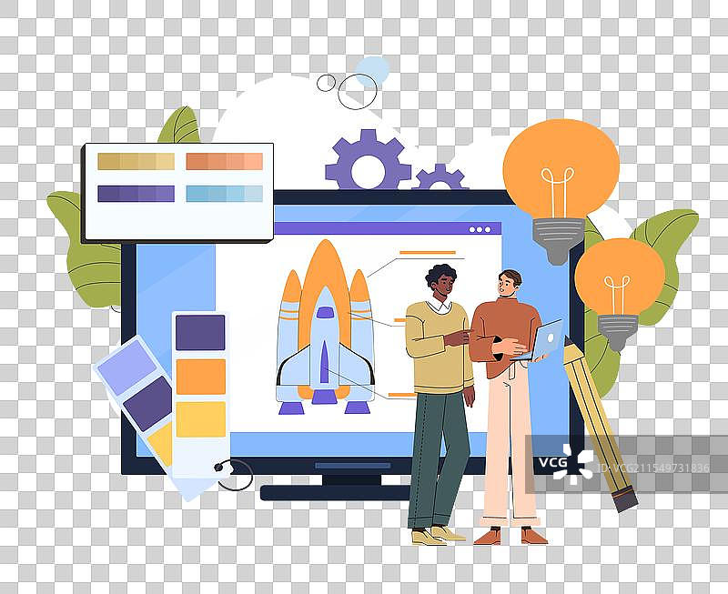 有创业想法的人们在火箭附近图片素材