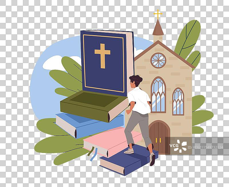 一个人在教堂附近研究宗教，男人正在攀爬。图片素材