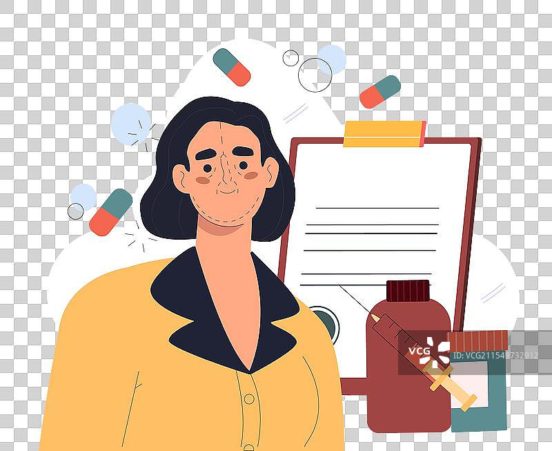 面部手术的女性与附近的年轻女孩和药丸图片素材