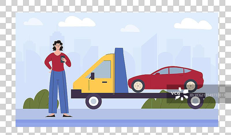 年轻女孩在红色卡车旁与一位女性一起。图片素材