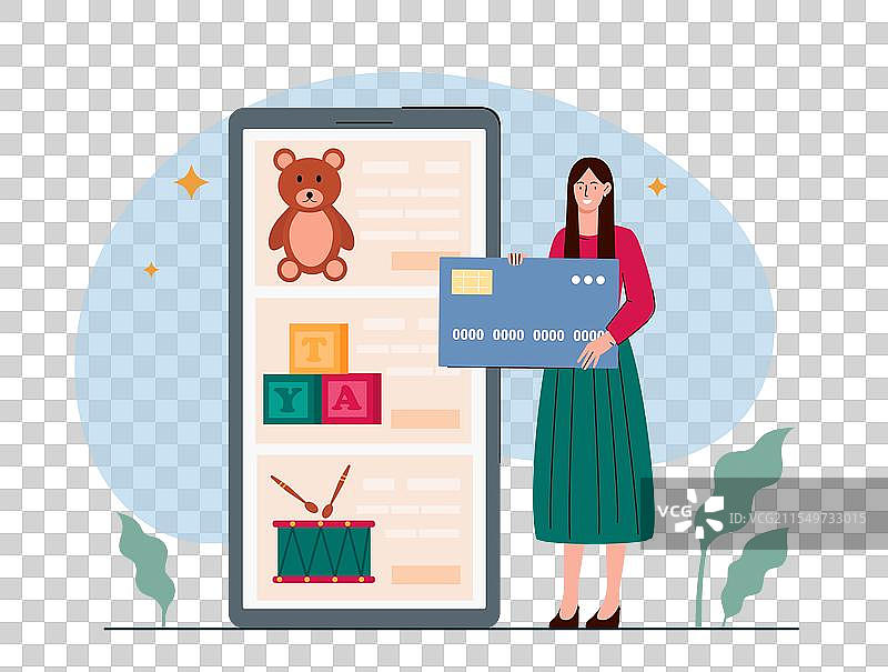 在线玩具店的女性与银行卡在附近图片素材
