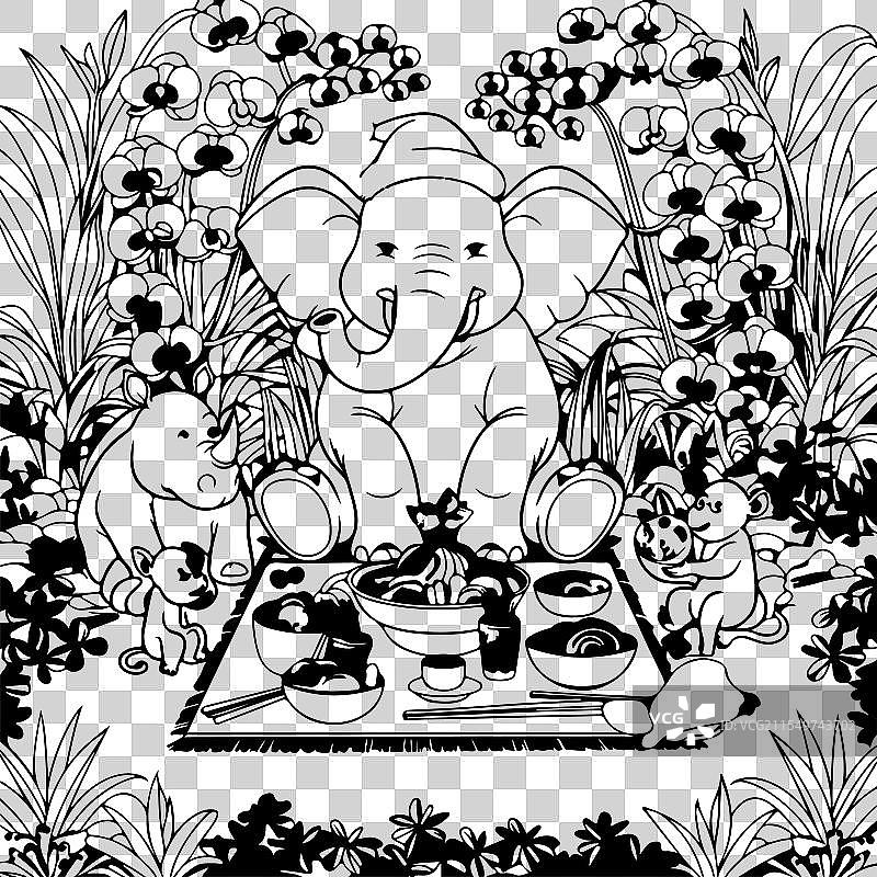 丛林中的动物大象涂色书插图图片素材