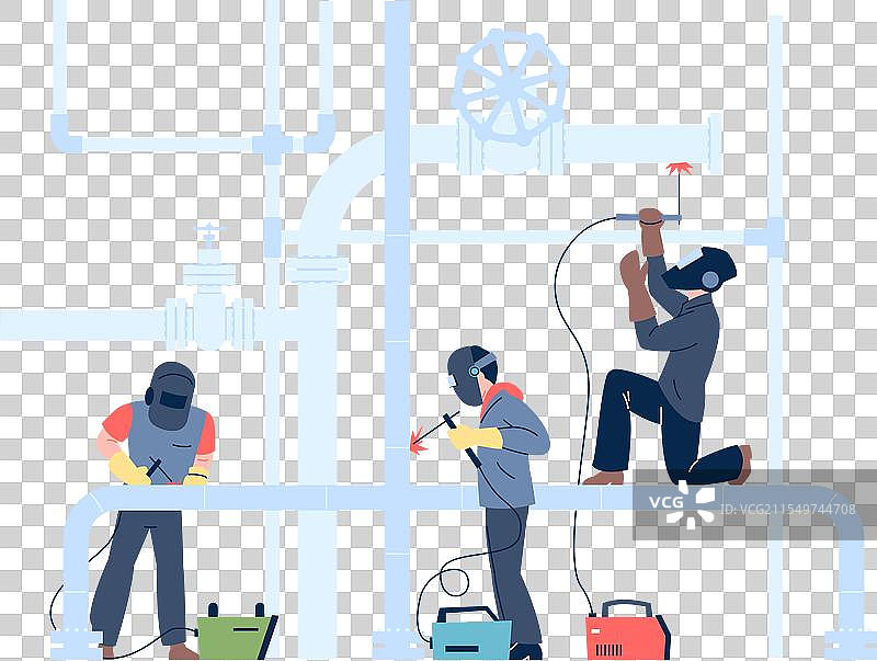 焊接管道的过程，焊工佩戴保护面具图片素材