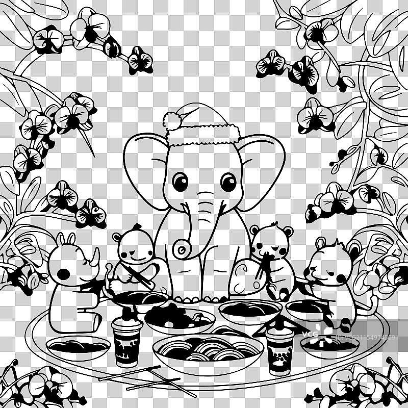 丛林中的动物涂色书大象图片素材