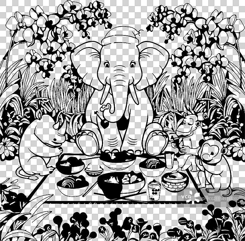 丛林中的动物涂色书大象图片素材