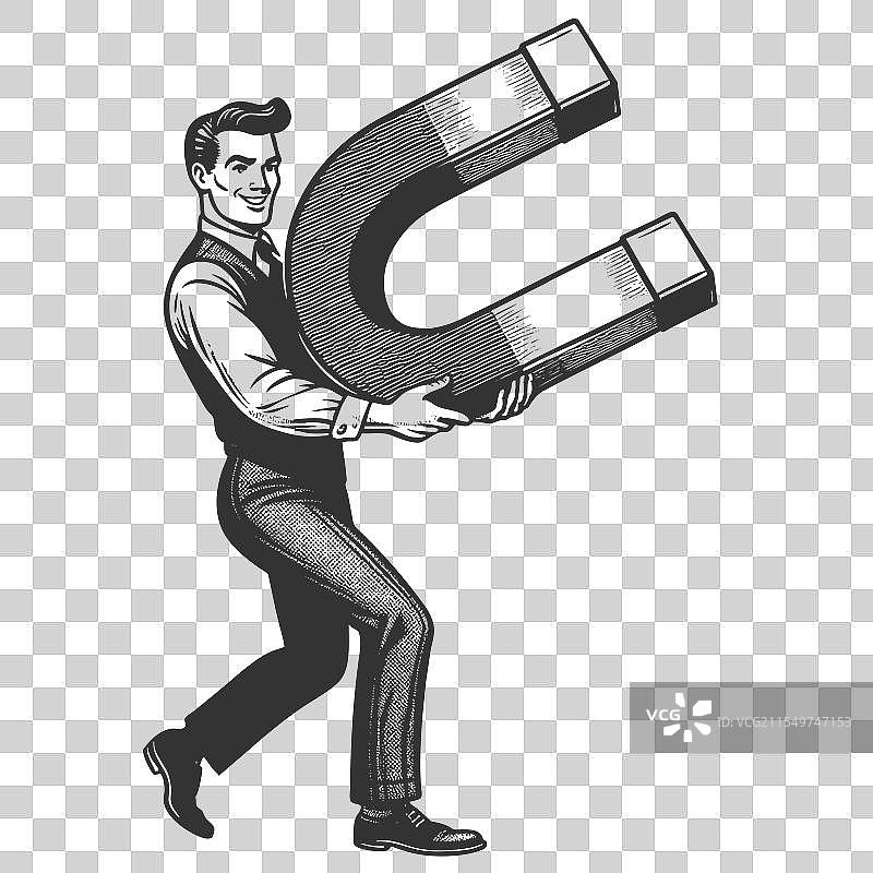 手持巨型磁铁的男子雕刻图片素材