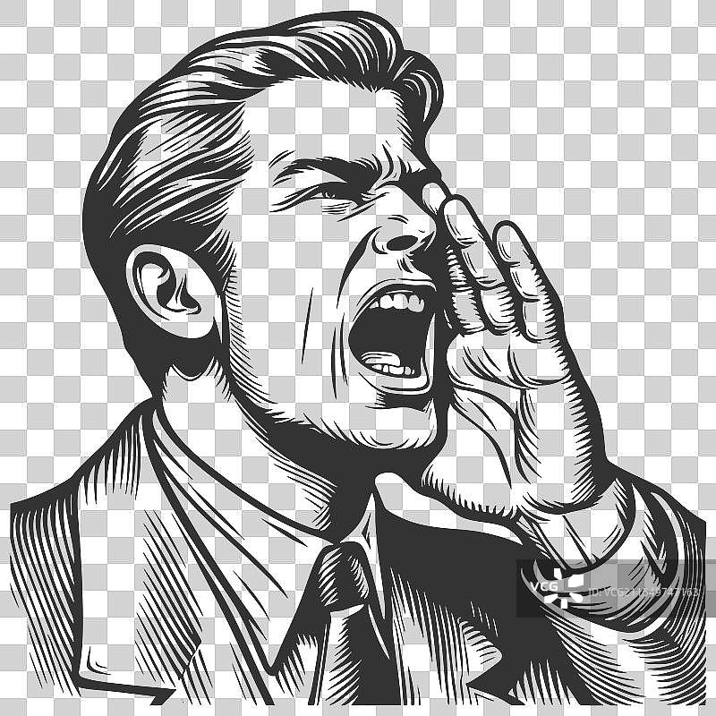 商人用手捂嘴大喊图片素材