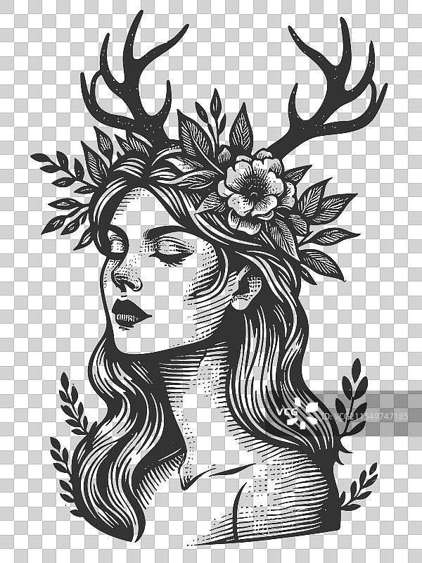 带有鹿角和花冠的女性雕刻图案图片素材