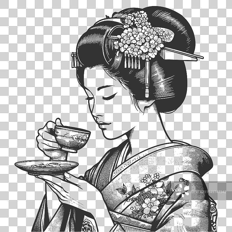 享受茶道的艺伎雕刻图片素材