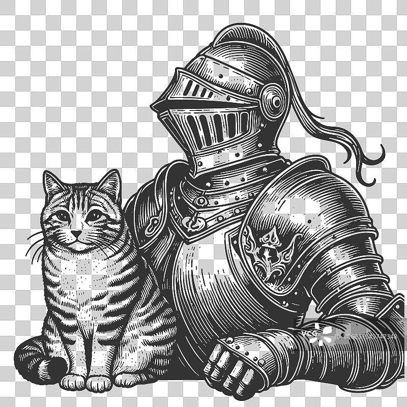 骑士穿着盔甲坐着与猫的雕刻图片素材