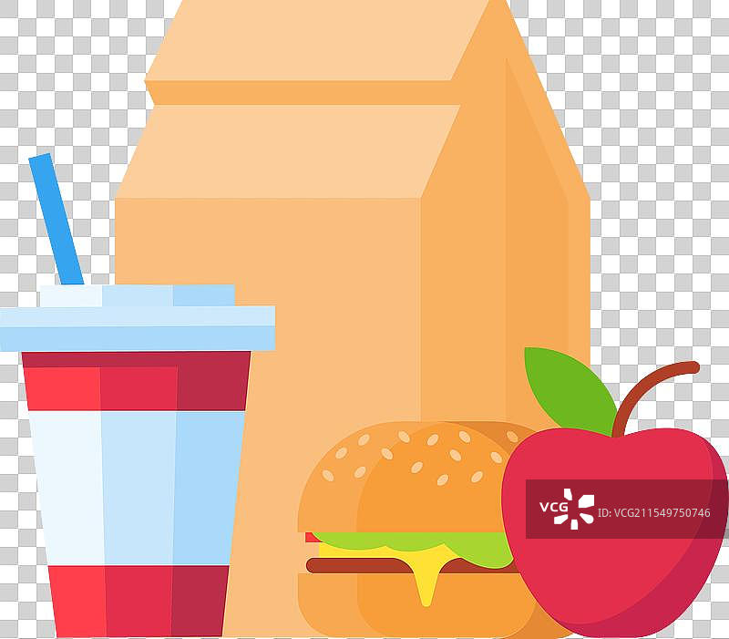 午餐袋里有一个汉堡包、一瓶汽水和一个苹果图片素材