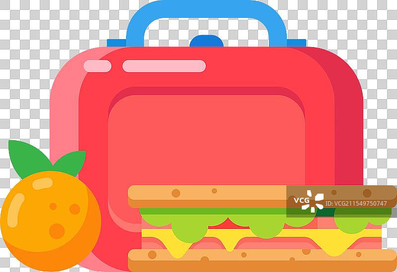 红色午餐盒旁边放着一个三明治，带有蓝色手柄。图片素材