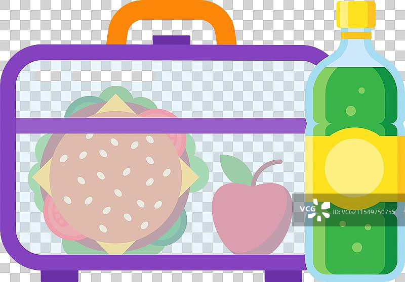 紫色午餐盒里装着一个汉堡和一个苹果图片素材