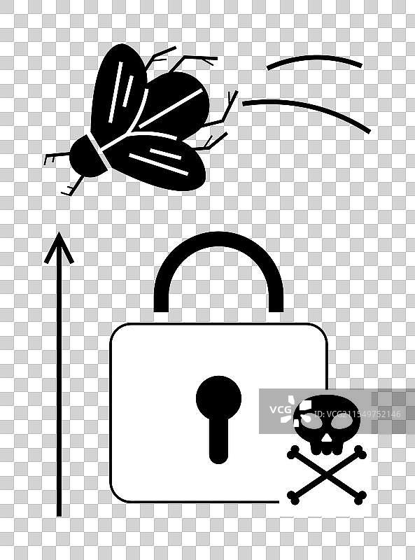 数字安全隐喻：虫子、挂锁和图片素材