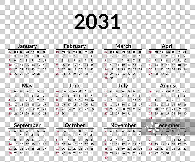 2031年日历周从星期天开始，简单明了图片素材