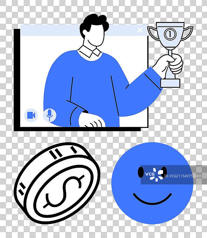 虚拟颁奖典礼，配有奖杯和硬币图片素材