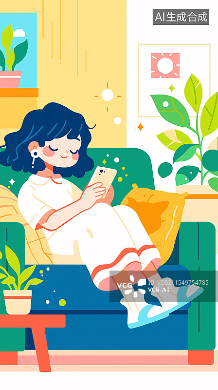【AI数字艺术】女孩玩手机聊天电商购物休闲场景人物插画图片素材
